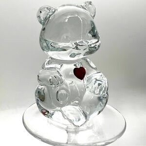 Vintage Fenton Red Ruby Heart Fenton Clear Glass Birthday Teddy Bear Figurine